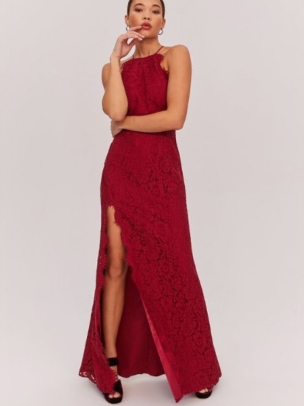 NWT Partner and Fame Lace Side Slit Halter Maxi Dress in Burgundy Size 6